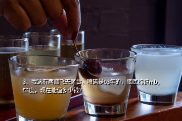 3、我這有兩瓶飛天茅臺，噴碼是03年的，瓶底標(biāo)識mb,53度，現(xiàn)在能值多少錢？