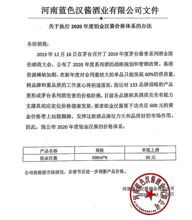 2020年春節(jié)后，鉑金漢醬調(diào)價(jià)